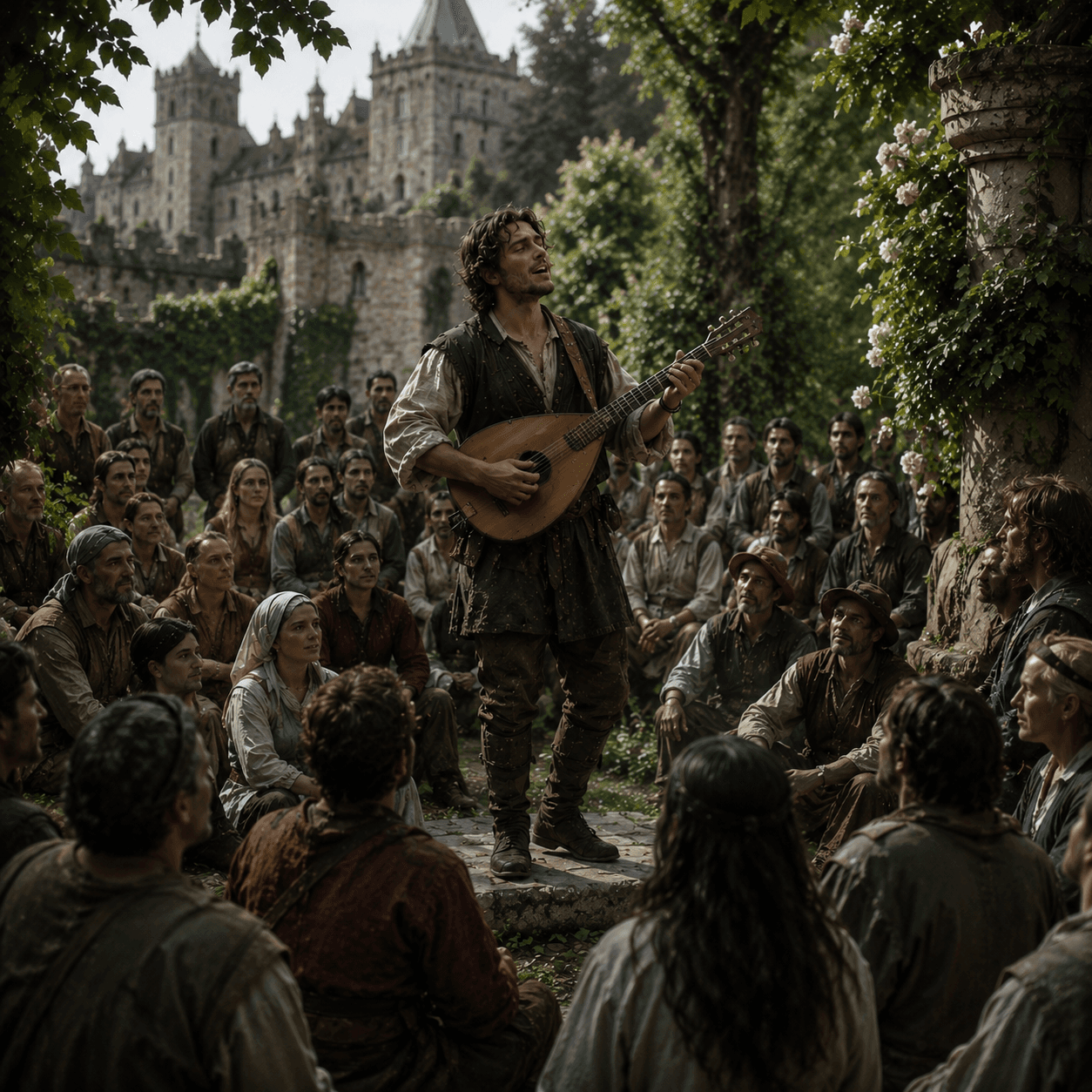 A troubadour holding a lute in a historic town square